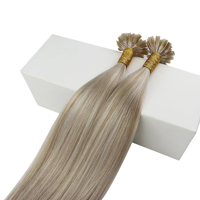 Fshine Ash Blonde Mixed With Bleach Blonde Highlight U Tip Hair Extensions - 16 Inch Keratin Bond Human Hair Extensions for Women 50g/50s