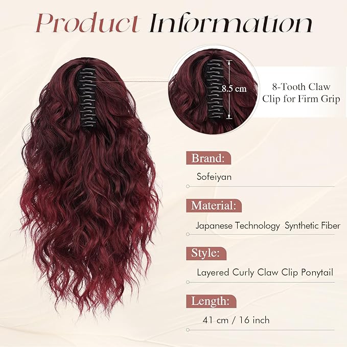 SOFEIYAN Ponytail Extension, 16 inch Claw Clip Ponytail Extension Wavy Curly Ponytails Synthetic Pony Tails Hair Extensions Natural Fake Hairpiece for Women - Black Mix Burgundy Ombre