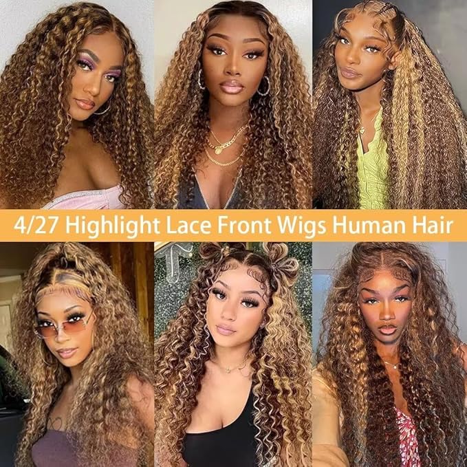 Highlight Ombre Lace Front Wigs Human Hair Honey Blonde Deep Wave 13x6 HD Transparent Lace Frontal Wigs Human Hair P4/27 Colored Curly Wig for Women 180% Density Glueless Pre Plucked 34 Inch Wig