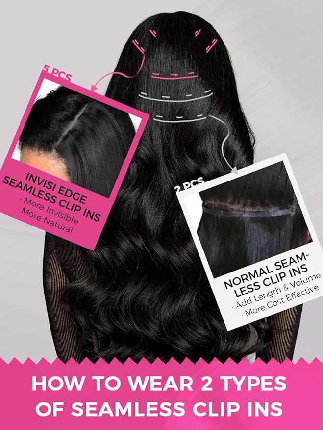 Lashey Invisi Edge & Seamless Clip in Hair Extensions Human Hair, 18 Inch 110g 7pcs(5pcs Invisi Edge& 2pcs Seamless) Real Virgin Human Hair Extensions, Natural Black Body Wave Hair