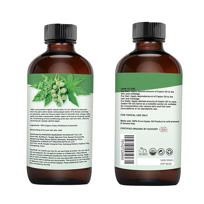 Organic Castor Oil for Hair Body Lashes Brow,USDA Certified 100% Pure Natural Glass Bottle, Cold Pressed, Hexane Free. Castor Oil for Hair Growth, Thicker Fuller Brows, 8.45oz