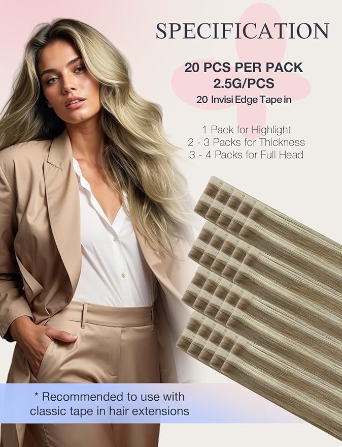 DOORES Invisi Edge Tape in Hair Extensions, Light Brown Highlighted Medium Blonde 10 Injection Tapeins with 10 Injection Tape-ins 50g 16 Inch, Injected Tape in Virgin Human Hair