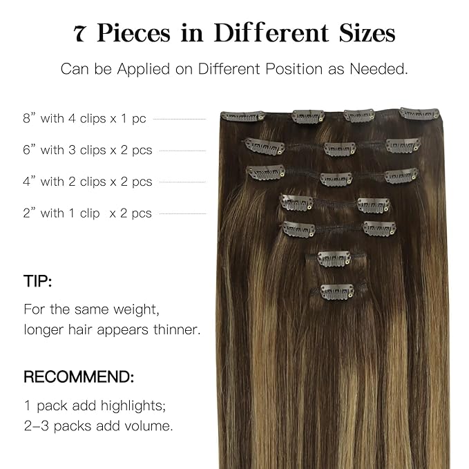 HOTBANANA Human Hair Clip in Hair Extensions, Balayage Chocolate Brown Mixed Caramel Blonde 120g Clip in Hair Extensions Real Human Hair Straight Remy Hair Clip Ins Dark Roots Ombre 20 Inch 7pcs