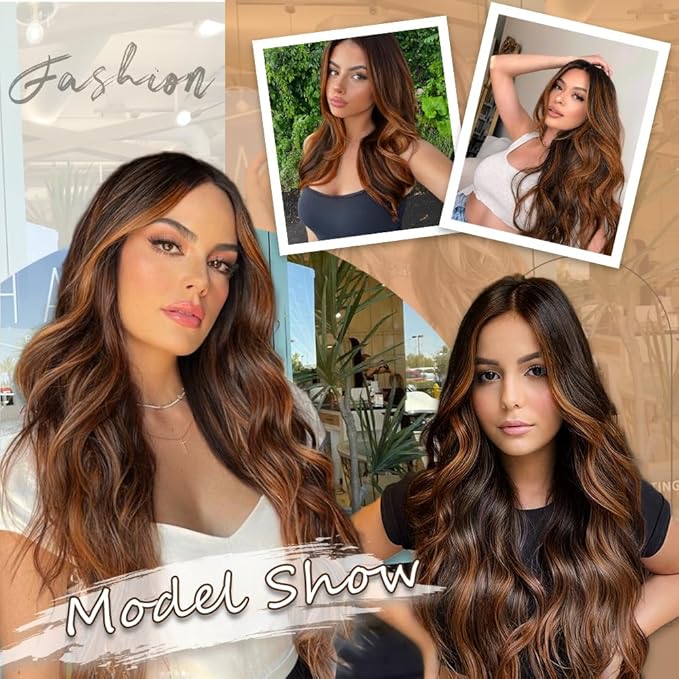 Vigorous Clip in Hair Extensions 20 Inch Black mix Brown Hair Extension 4Pcs Long Wavy Soft Synthetic Hairpieces for Women