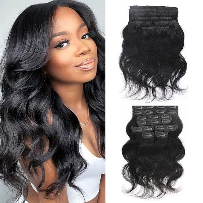 Body Wave Brazilian Clip in Hair Extensions Human Hair 8Pcs Remy Hair Extensions Clip ins for Black Women with 20 Clips 110g (12 Inch, Natural Black)