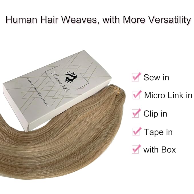 Sew in Hair Extensions Real Human Hair Wefts 22 Inch Hand Tied Weft Hair Extensions Beige Blonde and Platinum Highlights Weave Sew in Human Hair Bundles Double Weft 120grams