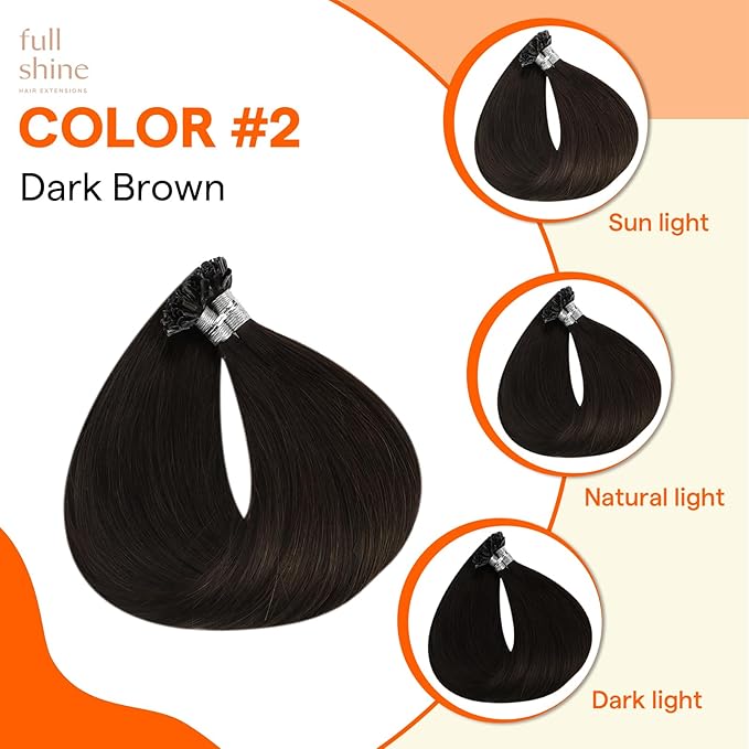 Full Shine U Tip Hair Extensions Human Hair 16 Inch Fusion Hair Extension U Tip Human Hair Color 2 Darkest Brown Remy Hair 50 Grams Keratin Bond Extensions for Wedding
