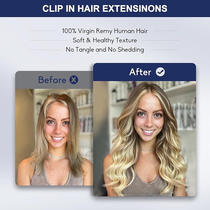 Blonde Clip in Hair Extensions, 24 Inch 120g, 8p613 Mixed Bleach Blonde, Invisible Seamless Straight Remy Blonde Hair Extensions Clip in 8pcs Per Set with Double Weft