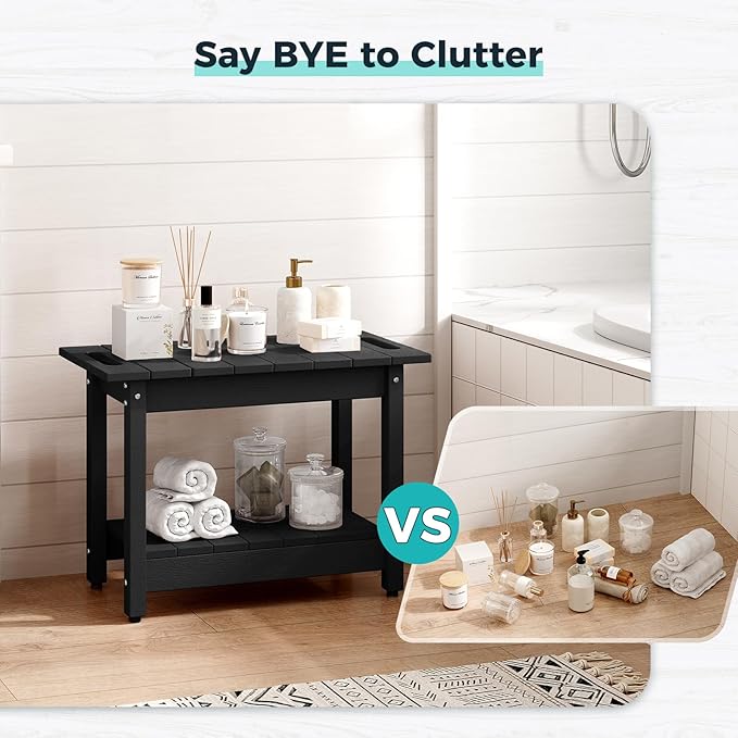 Waterproof Shower Bench, 24" Poly Lumber Shower Stool for Shaving Legs, Shower Chair Seat with Storage Shelf and Handles, Bathroom Bench for Inside Shower, Non-Slip (Black)