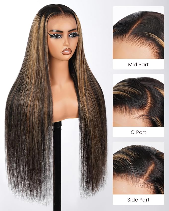 Real Bleached Knots Highlight Lace Front Wigs Human Hair 220% Density Balayage Glueless Wigs Human Hair 22 inch 13x4 Ombre Straight Lace Front Wig Pre Plucked Wigs for Women FB27