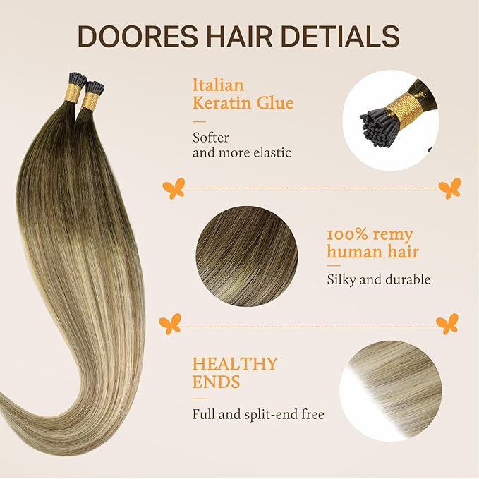 DOORES I Tip Hair Extensions Human Hair,14 Inch 100g 200s Itip Human Hair Extensions,Balayage Walnut Brown to Ash Brown and Bleach Blonde I Tip Hair Extensions