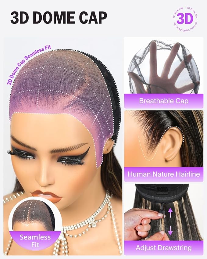 Glueless 13x6 Ombre Lace Front Wigs Human Hair Pre Plucked Pre Cut 220% Density Ear-to-Ear HD Lace Wig Highlight Drawstring Wig Human Hair fb27# 20 Inch