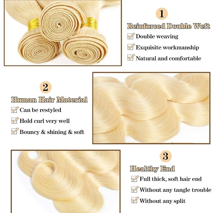 613 Blonde Bundles Human Hair Body Wave 10 12 14 inch 100% Unprocessed Brazilian Virgin Human Hair 3 Bundles 12A Quick Weave Hair Extensions Double Weft