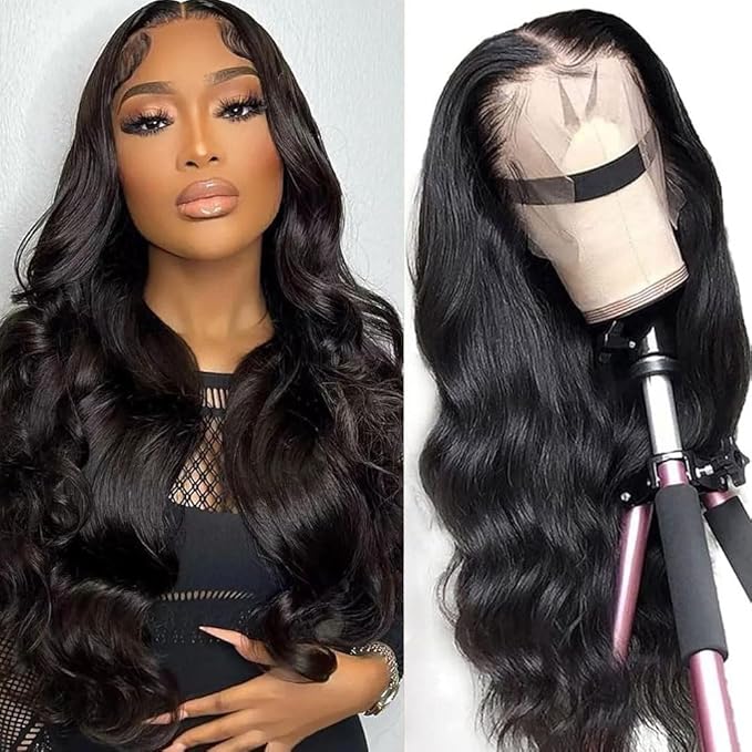 Human Hair Wig Body Wavy 13x4 HD Transparent Lace Front Wig 28Inch Frontal Wigs Human Hair Glueless Pre Plucked 180% Density Virgin Hair Wigs For Women Natural Black (1B)
