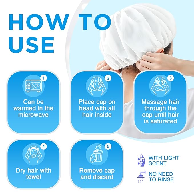 OK TAPE No Water Shampoo Caps (6 Pack) 3 Scents, Rinse Free Shower Cap for Elderly, After Surgery, Camping, Shampoo and Conditioner Hair Wash Cap (Jasmine, Vanilla and Bellflower Scents)