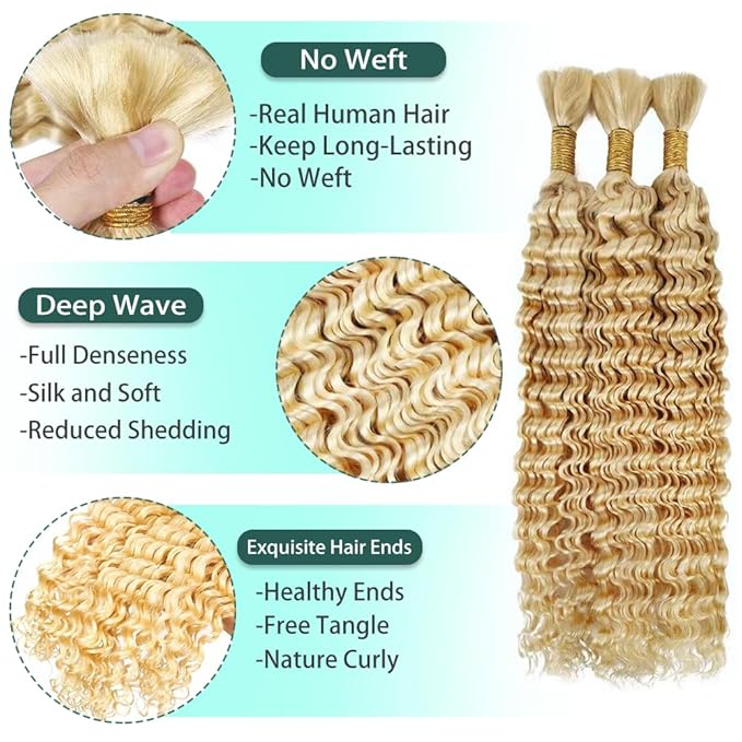 16 inch Blonde Human Braiding Hair 150g Honey Blonde Deep Wave Bulk Human Hair for Braiding No Weft 3 Braids Per Pack 27 Mixed With 613 Color