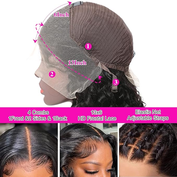 Aicrelery 34 Inch 13x6 HD Lace Front Wigs Human Hair Body Wave 13x6 Lace Frontal Wig Pre Plucked Bleached Knots With Baby Hair 180 Density Brazilian Human Hair Wigs for Women Natural Black