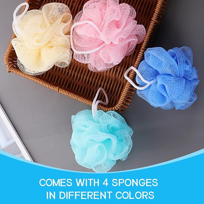 Loofah Sponge Shower Loofahs Bath Sponges Mesh Balls for Women Men Bathing Accessories Body Wash Back Scrubber 50g Soft Pouf Body Scrubber Loofahs Puff Pack, Exfoliate, Cleanse, Soothe Skin (4 Colors)