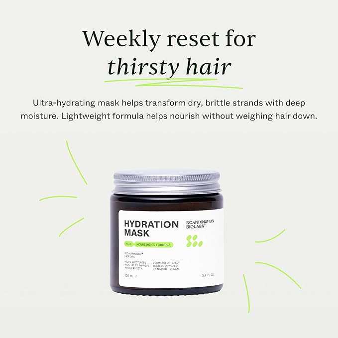 Scandinavian Biolabs Hydration Mask | Deep Moisture, Enhances Shine, Frizz & Damage Control, Immediate Hydration, Plant-Based Oils Blend, Suitable for All Hair Types, 100 mL/ 3.4 Oz