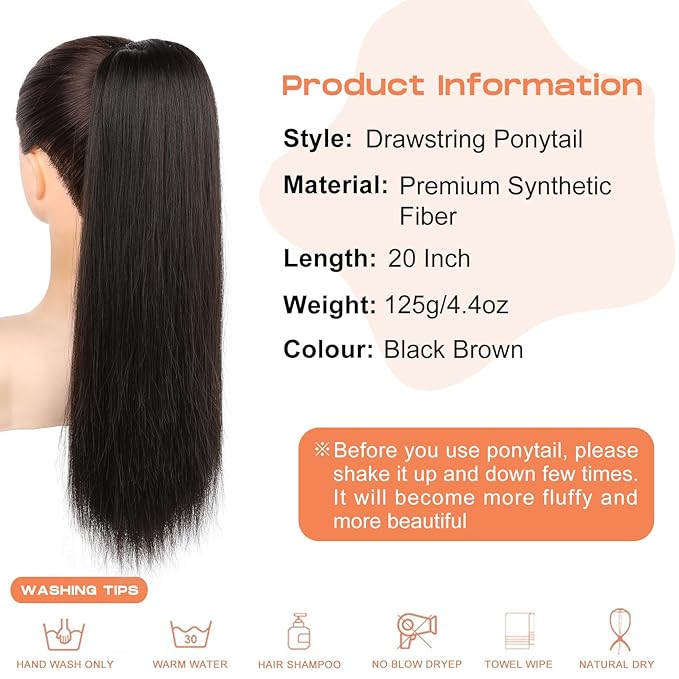 SEIKEA Ponytail Extensions Drawstring Long Straight Fake Pony Tail Natural Soft Clip in Hair Extension Synthetic Heat Resistant Hairpiece 20 Inch Black Brown