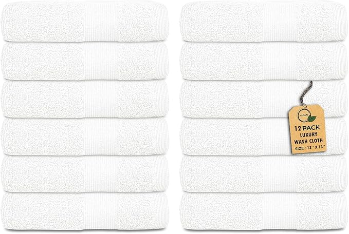 Premium Wash Cloths Pack of 12 (13" x 13") 100% Ring Spun Cotton | Luxury Washcloths | Ultra Soft Face Towels | Highly Absorbent Wash Cloths for face (White)