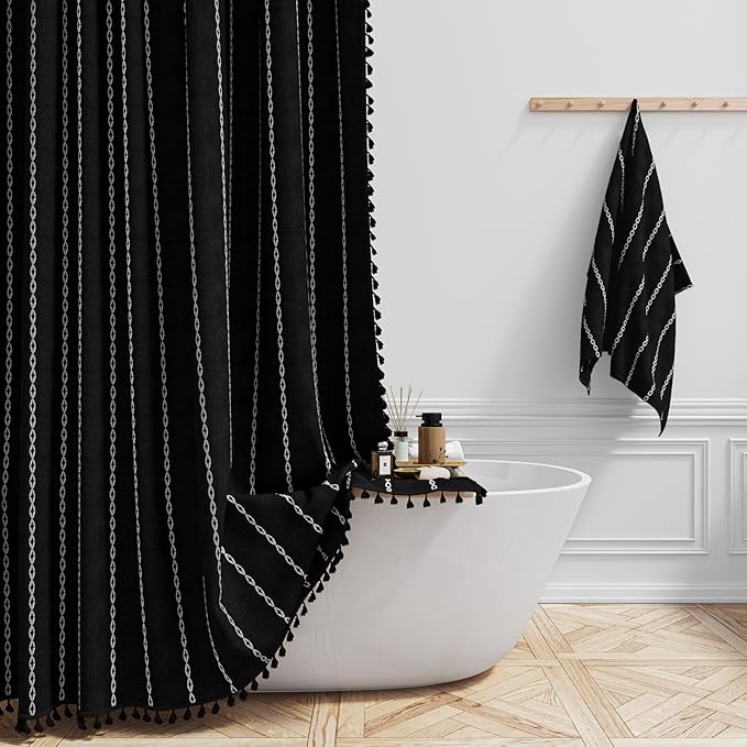 BTTN Stall Shower Curtain - 60x72 Narrow Boho Farmhouse Linen Vintage Striped Fabric Shower Curtain with 10 Hooks, Bohemian Cottage Decorative Heavy Duty Shower Curtains for Bathroom - Black and White