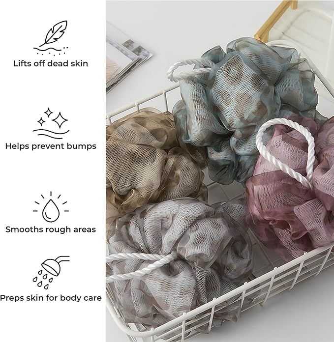 4 Pcs Leopard Shower Loofah Ball, Soft Trendy Organza Mesh Bath Scrub, Rich Lather & Gentle Exfoliating Body Shower Essentials for Women