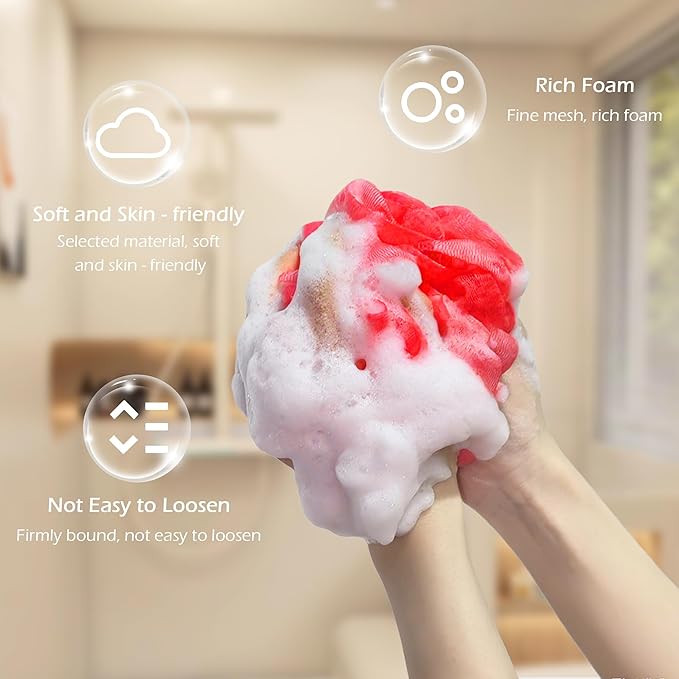 Bath Shower Loofah with Strawberry-Scented Soap – Soft & Exfoliating Body Scrubber, Soap-Infused Loofah, Luxurious Spa Experience, Durable (Red - Strawberry, Medium (Pack of 1))
