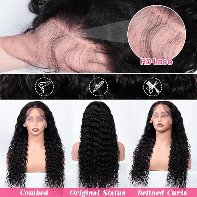 30 Inch Water Wave Lace Front Wigs Human Hair 220 Density 13x6 HD Full Lace Frontal Wigs Pre Plucked Wet and Wavy Glueless Deep Curly Human Hair Wigs for Women Natural Black