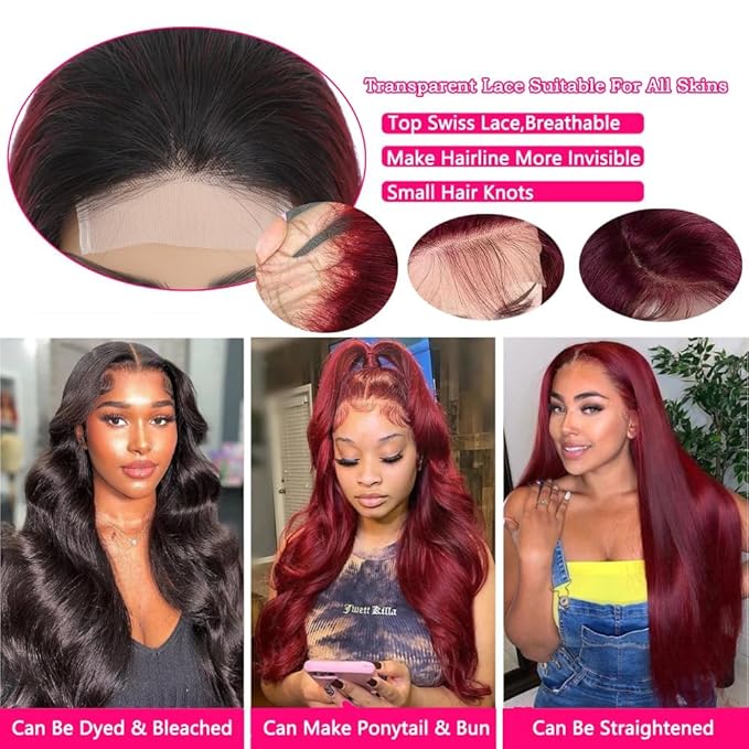 IUPin 1b 99j Burgundy Lace Closure Wigs Human Hair Body Wave Ombre Color Glueless Pre Plucked Human Hair Wigs for Women Natural Hairline with Baby Hair Colored Wine Red 22inch