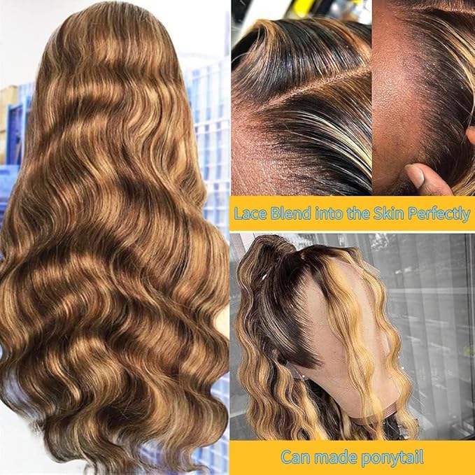 IUPin Highlight Ombre 13x4 Lace Front Wig Human Hair Body Wave Honey Blonde Glueless HD Transparent Lace Frontal Wigs for Women 200 Density Human Hair Pre Plucked with Baby Hair 32 Inch