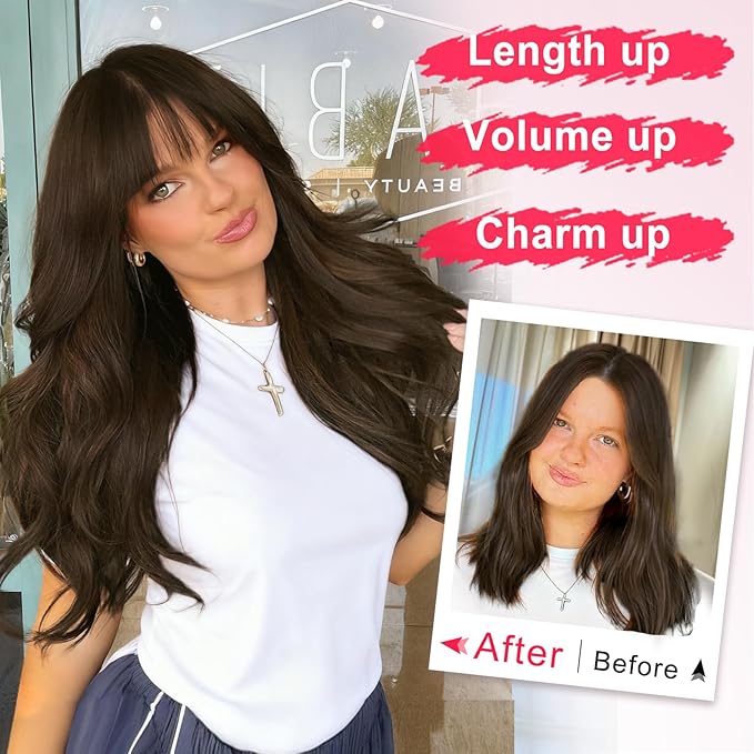 ALXNAN Long Wavy Hair Extensions for Women, Clip in Hair Extensions Clip Ins Soft Full Head Synthetic Hairpieces 20 Inch Chocolate Brown with Dark Brown