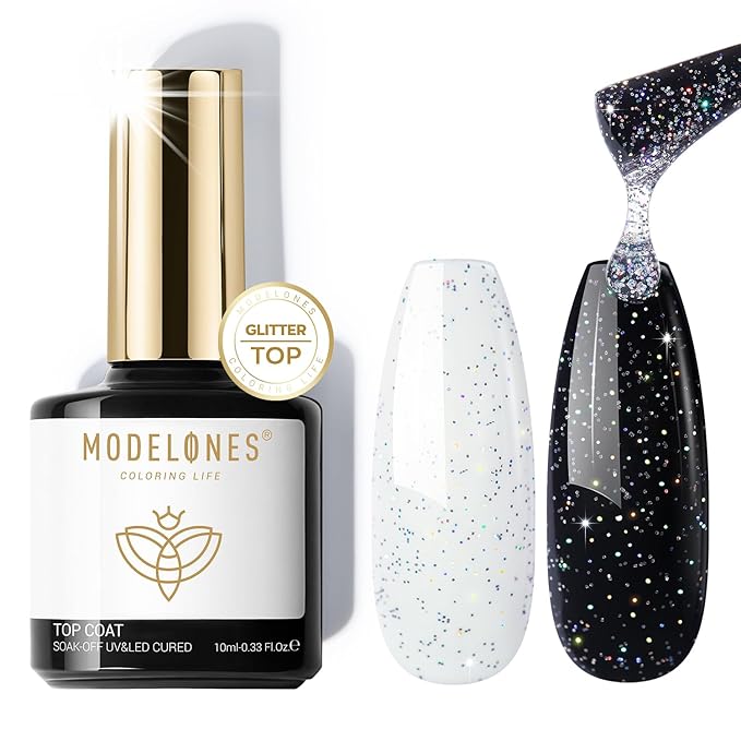 modelones Glitter Gel Top Coat, Reflective Iridescent Silver Mix Glitter Sparkle Clear Gel Polish No Wipe Glossy Confetti Sparkly Long Lasting Rainbow Shimmer Soak Off Nail Art Christmas Winter Gift