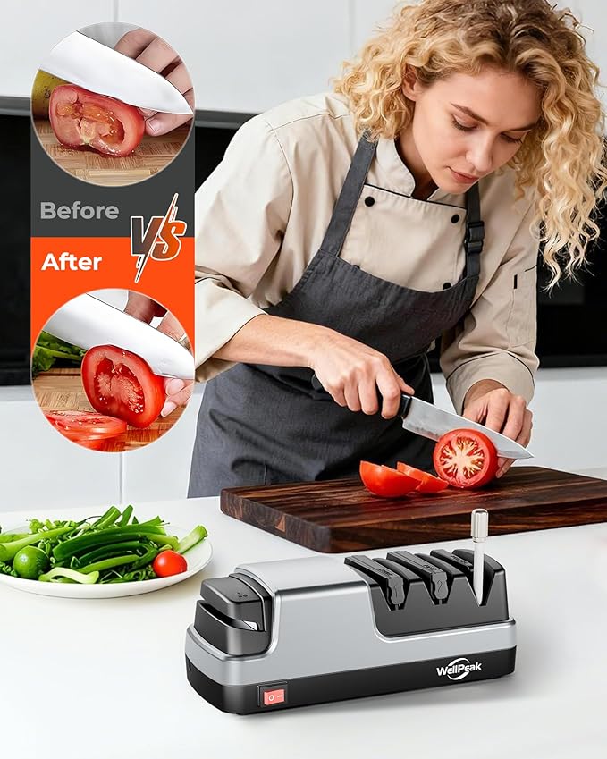 Multifunctional 4-Stage Electric Knife & Scissor Sharpener, Diamond Abrasive for Straight Edge Chef Knives, Detachable Ceramic Hone Rod for Serrated Knives Polishing