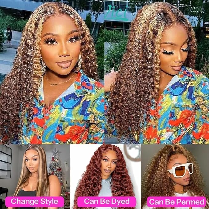 Highlight Ombre Lace Front Wigs Human Hair Honey Blonde Deep Wave 13x6 HD Transparent Lace Frontal Wigs Human Hair P4/27 Colored Curly Wig for Women 180% Density Glueless Pre Plucked 28 Inch Wig