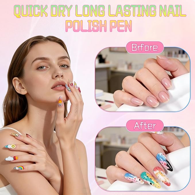 12 Colors Nail Art Pens Set,2026 Upgraded Nail Art Markers for Gel Nails,Quick Dry Long Lasting Nail Polish Pen,DIY 3D Drawing Dotting Painting Nails Liner Brush for Dotting Painting Home Use (A)