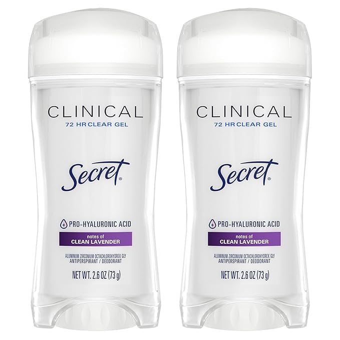 Secret Clinical Strength Antiperspirant Deodorant for Women, 3X Stress Protection, 72hr Sweat & Odor Protection, PH Balancing Minerals, Clear Gel, Clean Lavender Scent, 2.6 oz (Pack of 2)