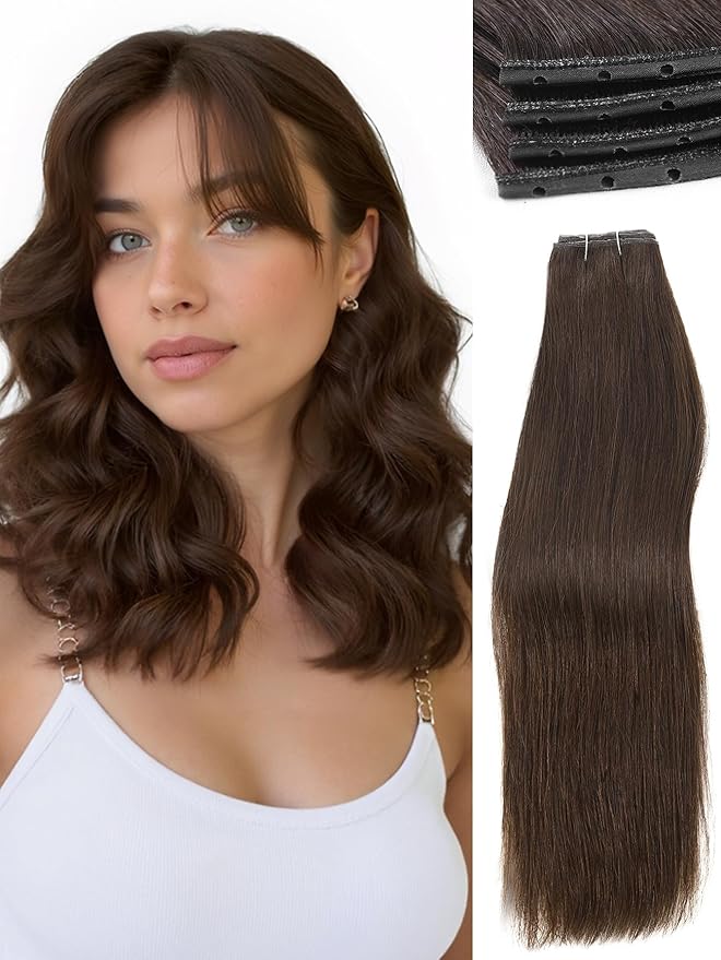 WIGNEE Double Invisible PU OVO Human Hair Extensions 100% Remy Hair Weft Brown Hair Extensions Human Hair 2 PCS 12 Inch No Glue Wefts Micro Bead Real Human Hair Extensions (2)