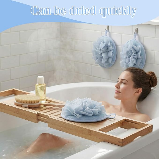 Boao 3 Pcs Bath Shower Pouf Sponge Mesh Pouf Shower Ball Exfoliating Body Sponge Pad Scrubber Glove with Flower Bath Ball (Blue)
