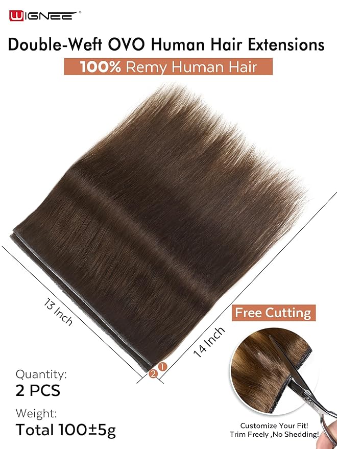 WIGNEE Double Invisible PU OVO Human Hair Extensions 100% Remy Hair Weft Brown Hair Extensions Human Hair 2 PCS 14 Inch No Glue Genius Weft Micro Bead Real Human Hair Extensions (2)