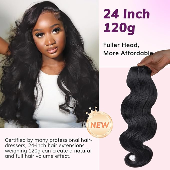 IDN BEAUTY Seamless Clip In Hair Extensions Human Hair, 120g 24 Inch Natural Black Real Virgin Human Hair Body Wave Seamless Clip Ins For Black Women PU Weft Invisible Edge 7pcs Thick Enhancement
