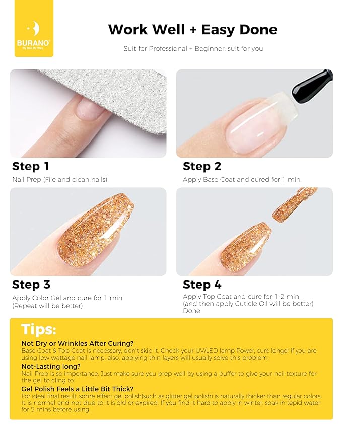 BURANO Glitter Gel Nail Polish, LED UV Nail Gel Shimmer Holographic Effect Soak off Gel Curing Required, No Chip Gel Polish Sparkle Gel Home DIY Nail Salon (Gold LP3)