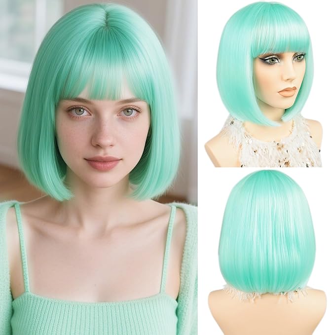 MAYSA Straight Bob Wigs with Bangs Short Bob Wig 12in Cosplay Halloween Colorful Synthetic Wigs for Women # Turquoise