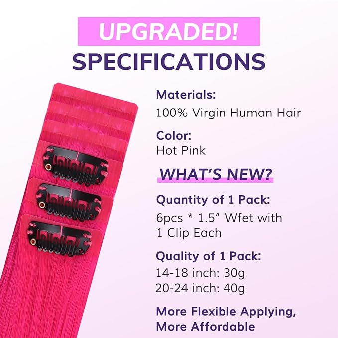 IDN BEAUTY Seamless Clip In Hair Extensions Human Hair, 24 Inch 40g 6Pcs Hot Pink Straight Real Virgin Human Hair Seamless Clip Ins For Black Women PU Weft Invisible Edge