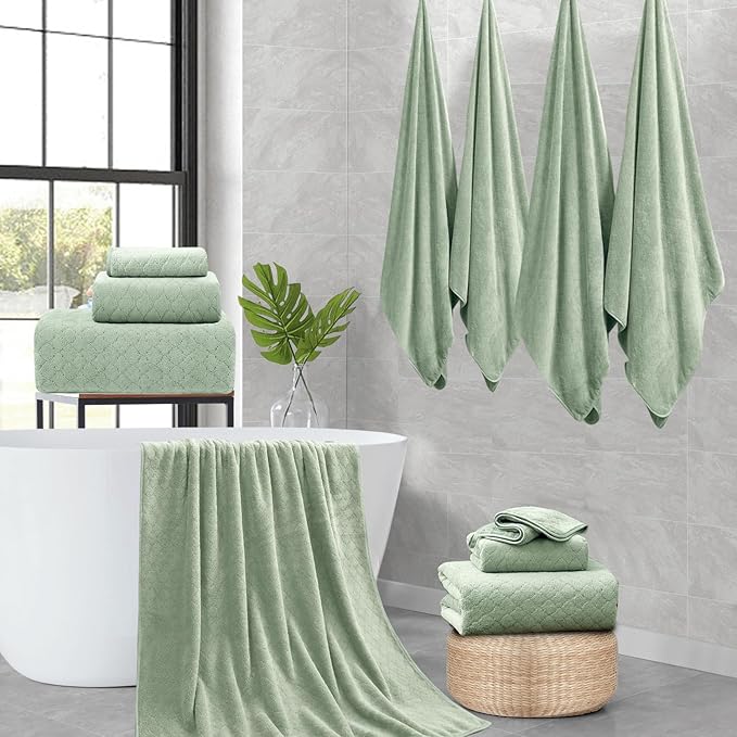 8-Piece Green Bath Towels Set,2 Oversized Large Bath Towels Sheet,2 Hand Towels and 4 Washcloths - 600 GSM Soft Luxury Towel Set,Highly Absorbent Quick Dry Towel Collection for Bathroom,Hotel and Spa