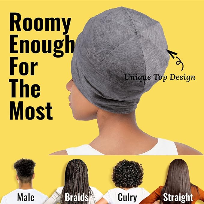Satin Lined Sleep Cap Bonnet for Curly Hair and Braids, Stay On All Night Hair Wrap with Adjustable Strap for Women and Men, Black and Grey, Pack of 2