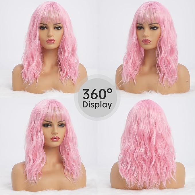 Wavy Long Pink Wigs for Women with Bangs Medium Middle Length Pink Wig with Water Wave Fringe Synthetic Heat Resistant Hair Wig for Halloween Costume Cosplay Anime Daily Party Use (16inch)