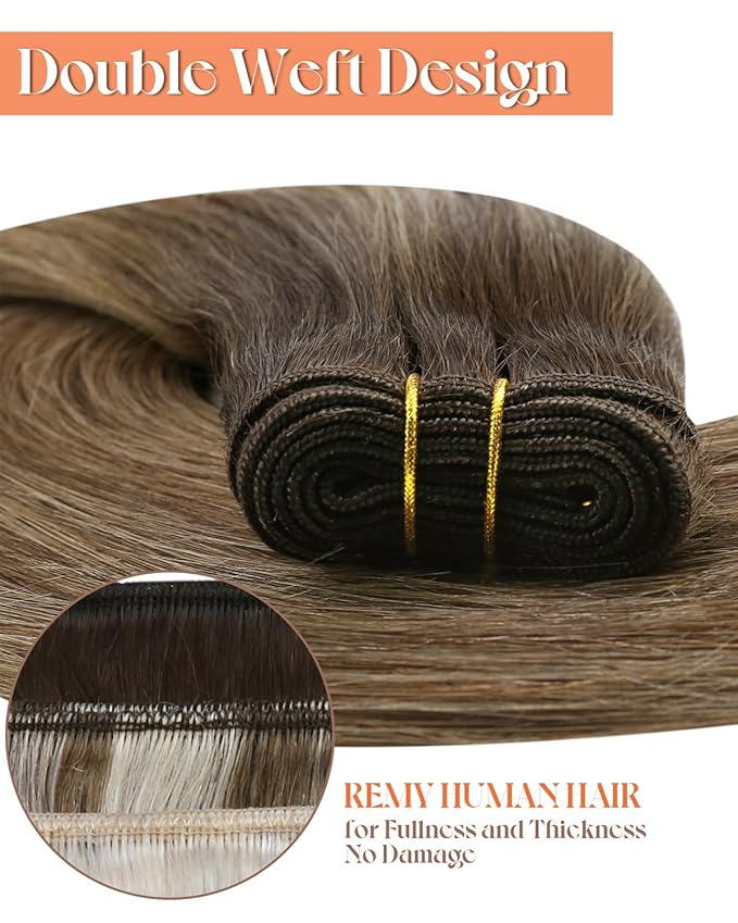 Sunny Hair Weft Hair Extensions Human Hair Balayage Sew in Hair Extensions Dark Brown Ombre Caramel Blonde Balayage Hair Extensions Real Human Hair Weft for Wedding Silky Straight 100g 18inch
