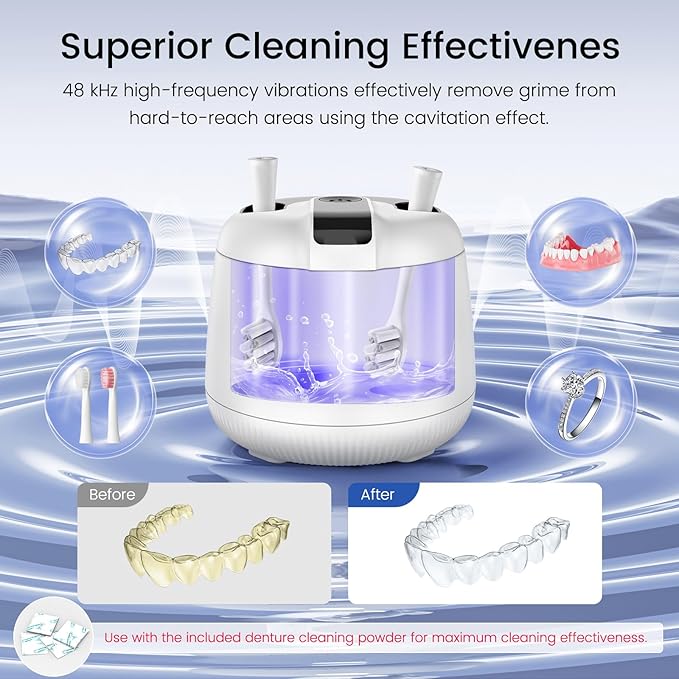 MEKO Cordless Ultrasonic Retainer Cleaner Machine, 48kHZ Rechargeable Denture Cleaner with 4000mAh Battery, IPX5 Waterproof Dental Pod for Aligner, Braces, Jewelry, Toothbrush Head-White