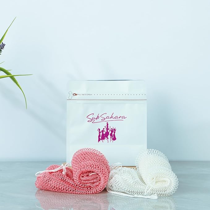 SubSahara African Net Sponge Authentic - 2 Pieces Exfoliating Scrubber for All Skin Types, Ideal for Face & Body Daily Use, Durable, Gentle Exfoliation (Milk White & Meat Powder)